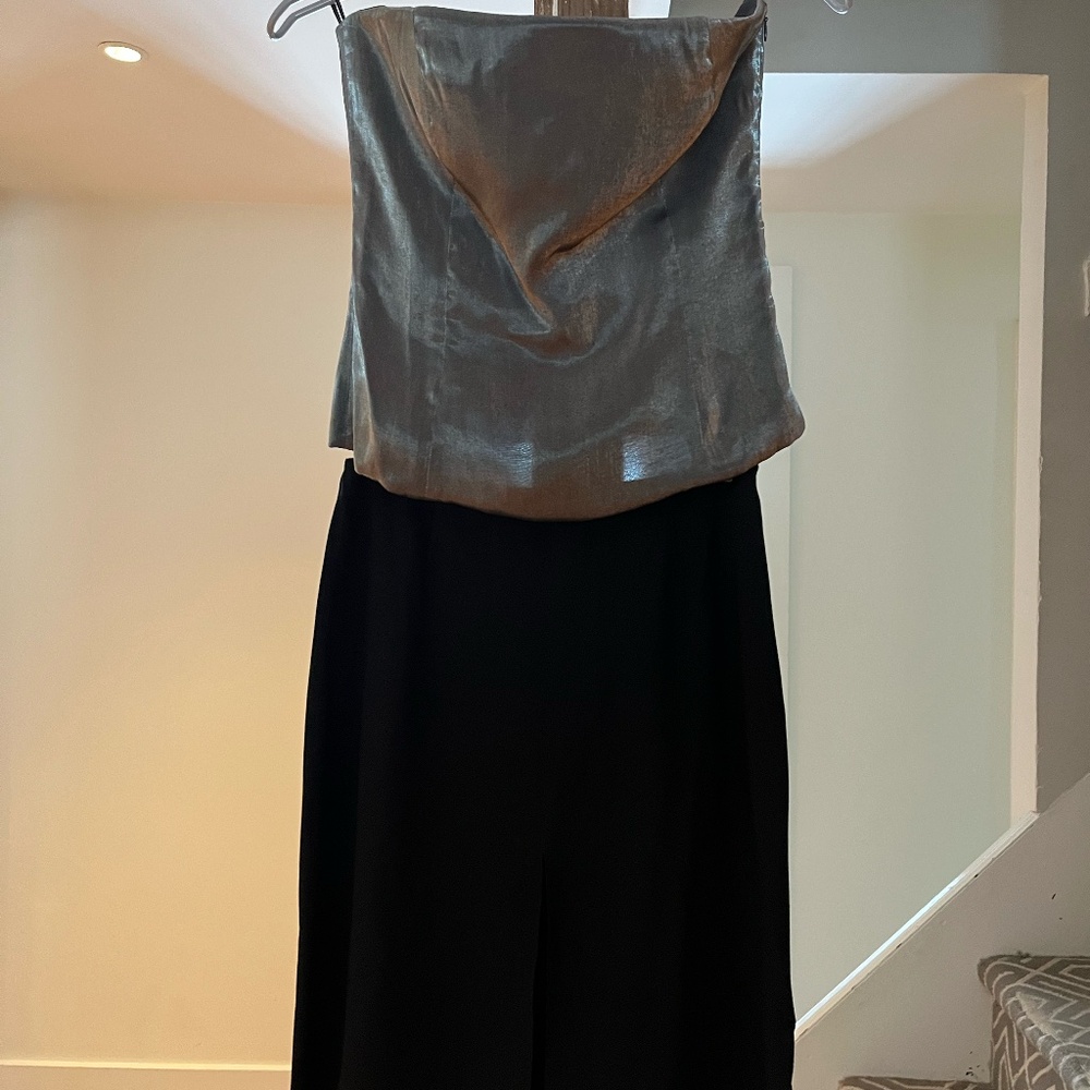 Emporio Armani Metallic Silver Bustier & Black Front-Slit Skirt Set (Size 40)